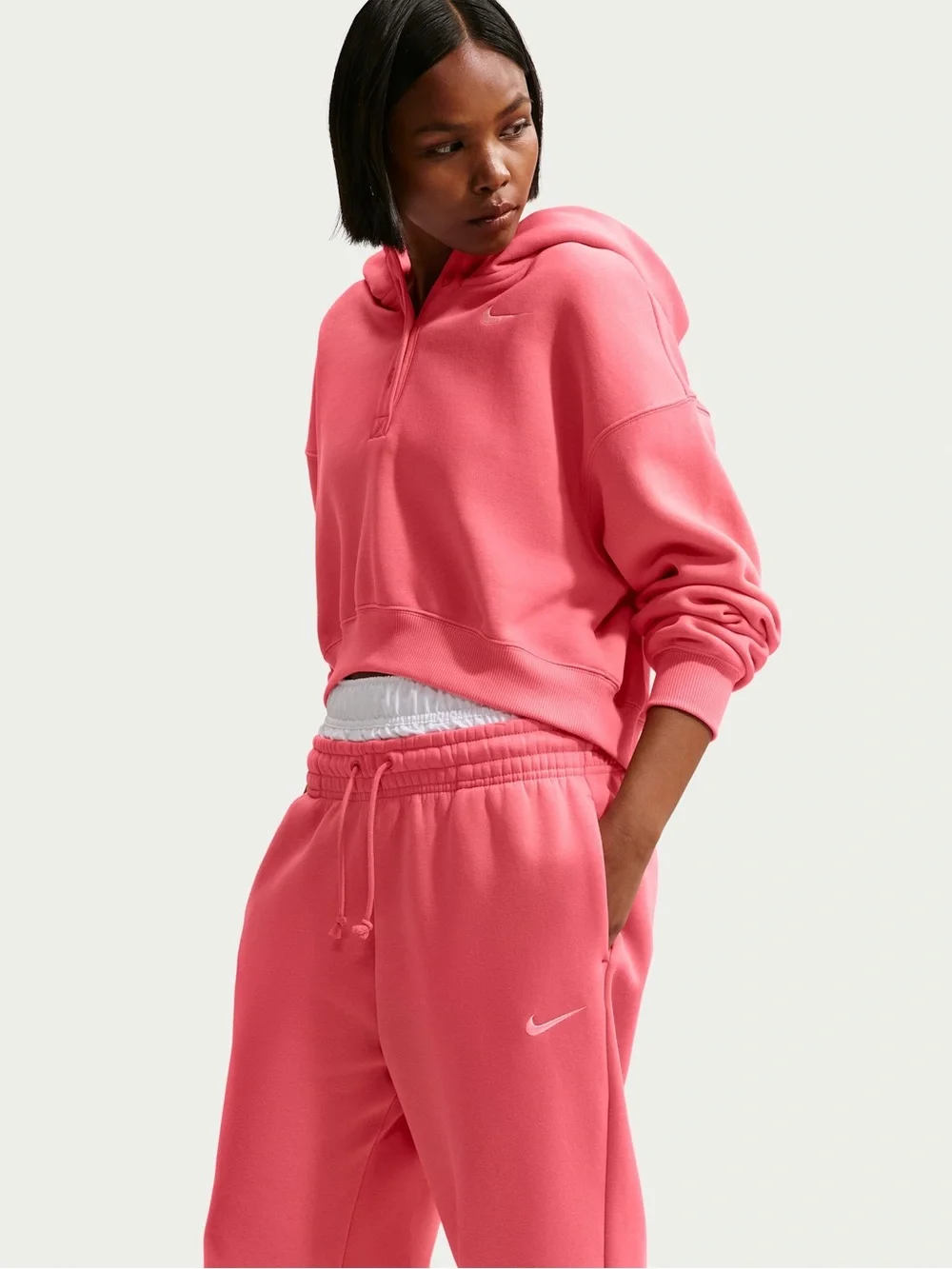 Nike Coral-Pink Button-Placket Hoodie